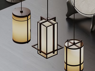 Modern Chinese Style Pendant Lights With Wooden Frame And Linen Shade For Dining Room 3d model