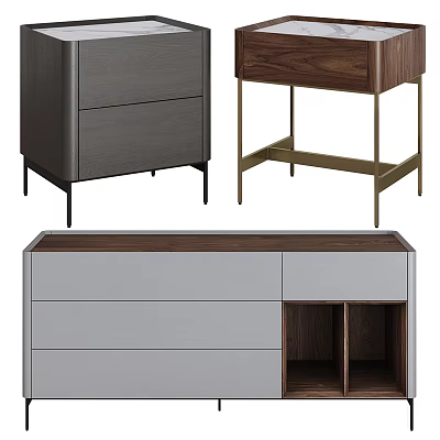 Modern Side Tables Featuring Gray And Walnut Wood With Drawers And Open Shelves 3d model