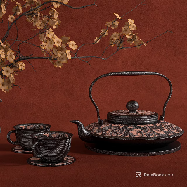 Elegant Patterned Tea Set With Teapot Teacups Saucers On Red Background And Yellow Flower Branches 3d model 