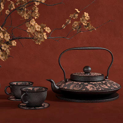 Elegant Patterned Tea Set With Teapot Teacups Saucers On Red Background And Yellow Flower Branches 3d model