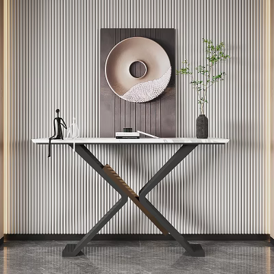 Modern Console Table With Marble Top Metal Stand Vertical Stripes Wall Circular Decor Greenery 3d model