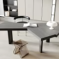 Modern Geometric Dark Gray Desk With Open Book White Vase Black Chair And Clear Acrylic Stool