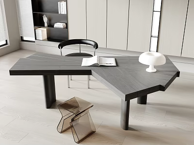 Modern Geometric Dark Gray Desk With Open Book White Vase Black Chair And Clear Acrylic Stool 3d model