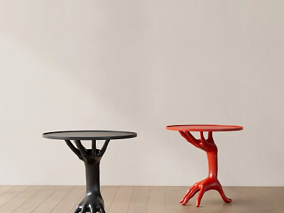 Black And Red Modern Side Tables With Unique Leg Design On Wooden Floor 3d model