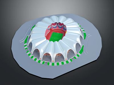 Modern Circular Stadium Design with White Dome Green Field and Red Seats 3d model