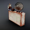 Vintage Metal Box With Two Round Lamps Rusty Surface And Sticker Details On Old Case