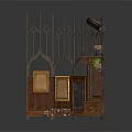 Medieval Wooden Scene Components With Gothic Arch Railings Display Cabinets And Blackboard