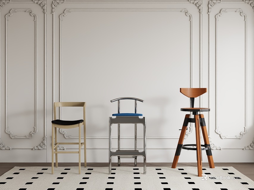 Three Stylish Bar Stools with Different Designs Against Decorative White Wall and Checkered Rug 3d model 
