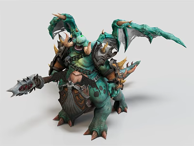 Green Winged Armored Creature As Fantasy Battle Character With Spiked Armor And Giant Battle Weapon 3d model