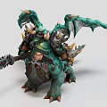 Green Winged Armored Creature As Fantasy Battle Character With Spiked Armor And Giant Battle Weapon