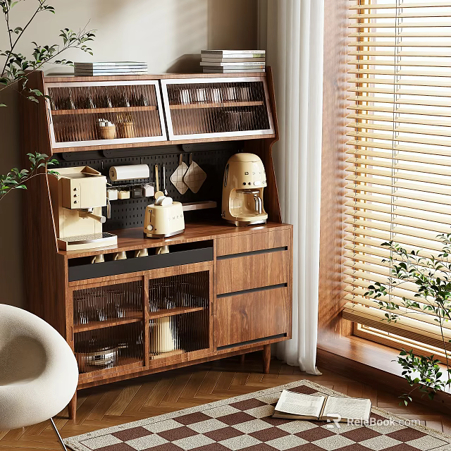 Modern Wooden Sideboard With Coffee Machine Glass Doors And Potted Plants 3d model 