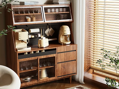Modern Wooden Sideboard With Coffee Machine Glass Doors And Potted Plants 3d model