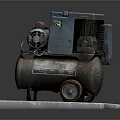 Old Rusty Air Compressor With Metal Tank Wheels And Concrete Base