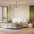 Elegant White Double Bed with Tufted Headboard Side Table Green Curtain and Chandelier