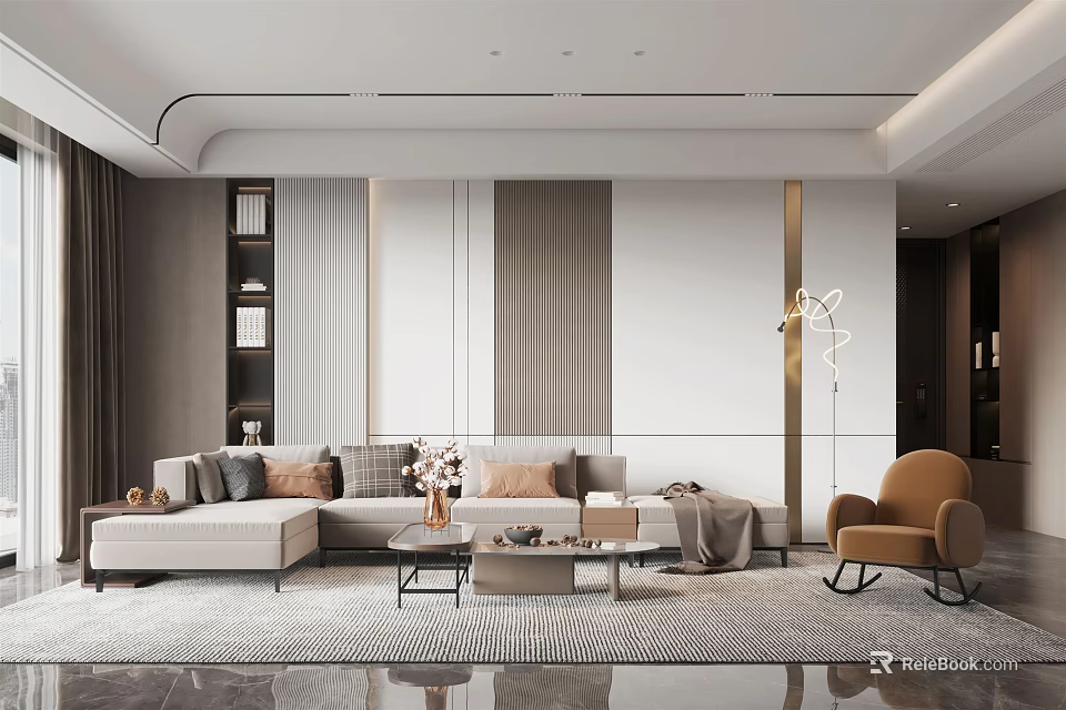 Modern Minimalist Living Room Interior With Sectional Sofa Coffee Tables Floor Lamp And Curtains 3d model 