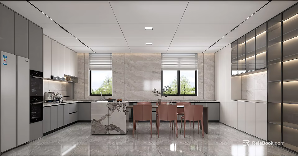 Modern Kitchen Interior Design With Marble Island Cabinets Dining Chairs And Windows 3d model
