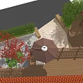 Courtyard Garden Featuring Wooden Deck Red Maple Tree Umbrella Stones And Green Plants