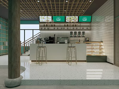 Modern Bubble Tea Shop Interior With Open Counter Seating And Menu Display Boards 3d model