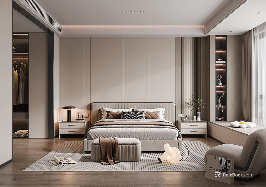Modern Bedroom Interior Design With Comfortable Bed Nightstand Area Rug And Accent Chair 3d model 