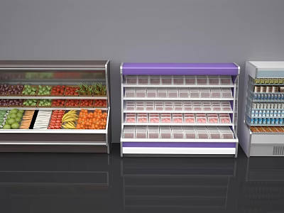 Commercial Display Freezers Featuring Fruits Vegetables and Drinks in Retail Store 3d model