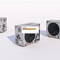 Three Graffiti Patterned Gray Speakers with Retro Design and Brand Logos 3d model