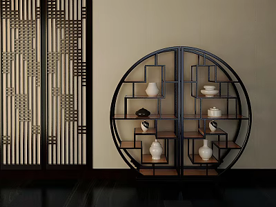 Chinese Style Round Display Cabinet Shelf with Black Frame Wooden Shelves and White Ceramic Vessels 3d model