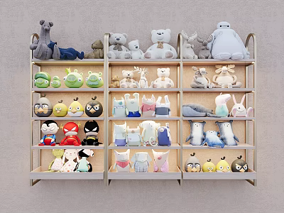 Display Shelves Filled With Various Plush Stuffed Animal Toys Neatly Arranged In Multiple Layers 3d model