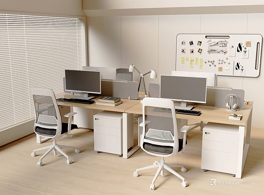 Modern Office Desk Setup With Computer Monitors Office Chairs File Cabinets And Bulletin Board 3d model 