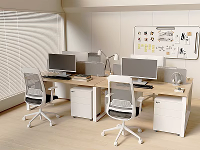 Modern Office Desk Setup With Computer Monitors Office Chairs File Cabinets And Bulletin Board 3d model
