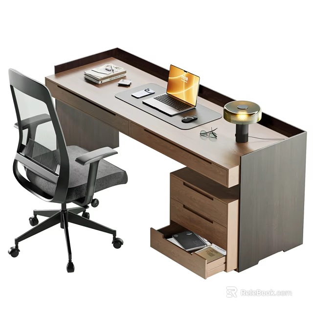 Modern Wooden Office Desk And Ergonomic Mesh Chair With Multiple Storage Drawers For Home Workstation 3d model 