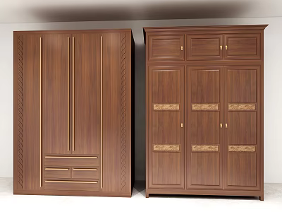 Traditional Brown Wooden Wardrobes Featuring Vertical Stripes Drawers And Decorative Door Panels 3d model
