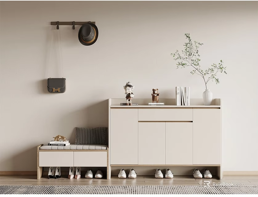 Modern Stylish Shoe Cabinet with Decorative Plants Books Hanging Hat Bag and Shoes 3d model 