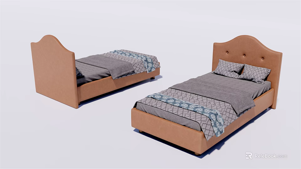 Comfortable Single Bed with Brown Headboard Gray Sheets and Patterned Quilt 3d model