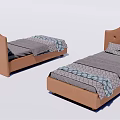 Comfortable Single Bed with Brown Headboard Gray Sheets and Patterned Quilt 3d model