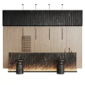 Hotel Reception Desk With Wooden Panels Dark Wood Top Lighted Base And Decorative Grid