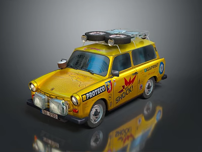 Yellow Vintage Station Wagon With Spare Tires On Roof And Protect Shock Graphics 3d model