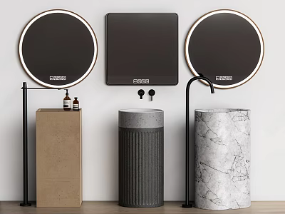 Contemporary Washbasin Design With Round Mirrors Black Faucets Marble Concrete And Wooden Shelf 3d model