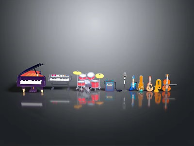 Colorful Musical Instruments Equipment Featuring Piano Drum Set Microphone Guitars And Violins 3d model