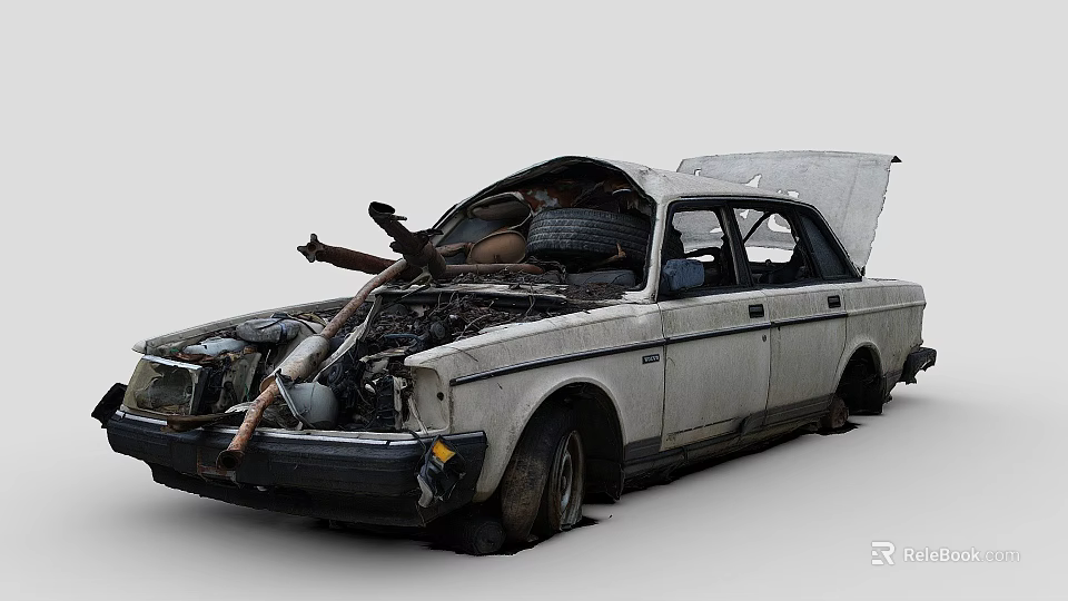 Abandoned Wrecked Car With Open Hood And Exposed Engine Parts 3d model 