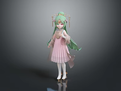 Adorable Game and Movie Character with Long Green Hair and Pink Dress Wearing Hair Accessories 3d model
