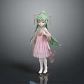 Adorable Game and Movie Character with Long Green Hair and Pink Dress Wearing Hair Accessories