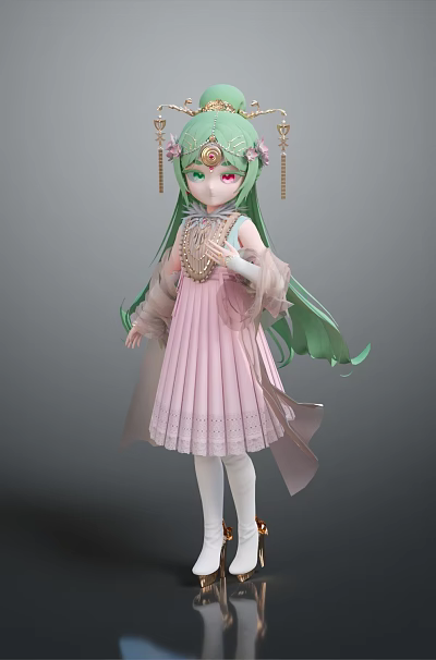 Adorable Game and Movie Character with Long Green Hair and Pink Dress Wearing Hair Accessories 3d model