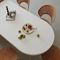 Modern Dining Table and Chair Set With Wooden Chairs Pendant Lights Blinds And Wall Art