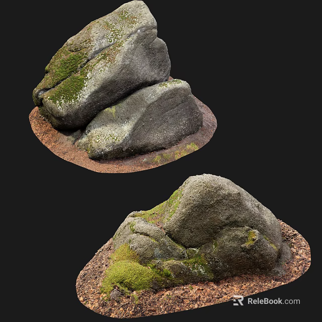 Rustic Natural Stone Wood Decor With Green Moss On Textured Surface 3d model 
