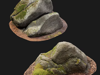 Rustic Natural Stone Wood Decor With Green Moss On Textured Surface 3d model