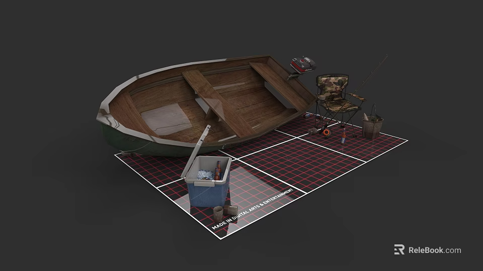 Wooden Boat with Fishing Gear Folding Chair Bucket on Checkered Mat 3d model 