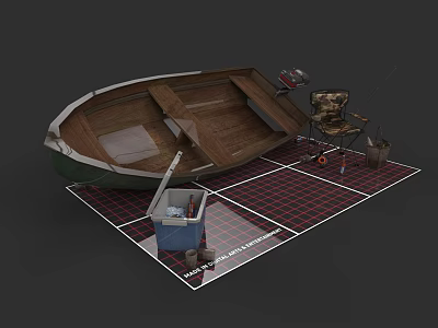 Wooden Boat with Fishing Gear Folding Chair Bucket on Checkered Mat 3d model