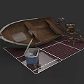 Wooden Boat with Fishing Gear Folding Chair Bucket on Checkered Mat