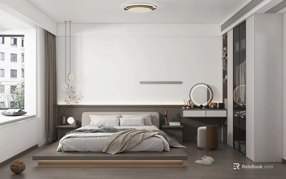 Modern Bedroom Interior Design With Bed Nightstand Window Curtains Ceiling Light And Wardrobe 3d model