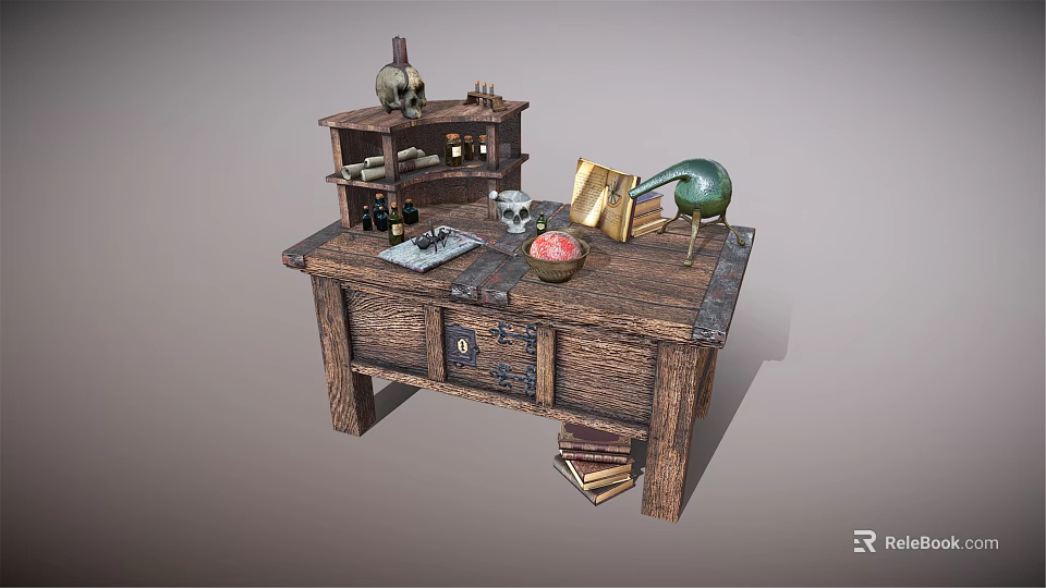 Wooden Workbench With Shelf Skull Bottles Books Drawers And Green Flask 3d model 